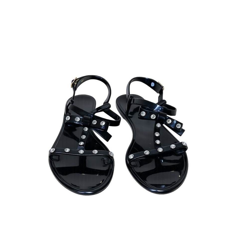 Kate Spade Jelly Sandals Womens 38 Black Rhinestone Bow T‎ Strap Flat Sandals